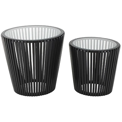 Black Wood Cage Inspired Accent Table with Clear Glass Tabletop Set