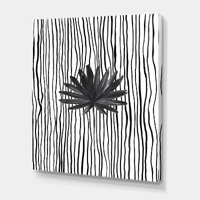 Designart - Black and White Tropical Leaf On Striped III
