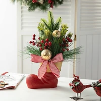 Glitzhome® 14" Christmas Red Boot with Pine Needle & Berry Centerpiece