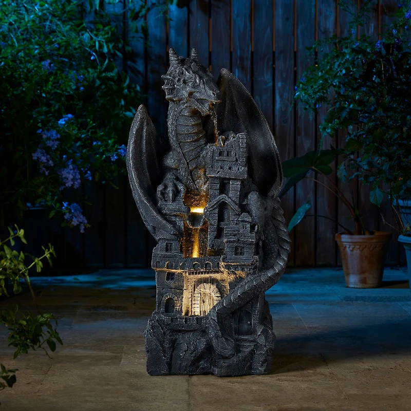 Glitzhome® 36.5" 4-Tier Gothic Dragon Sculptural Outdoor Fountain with LED Light