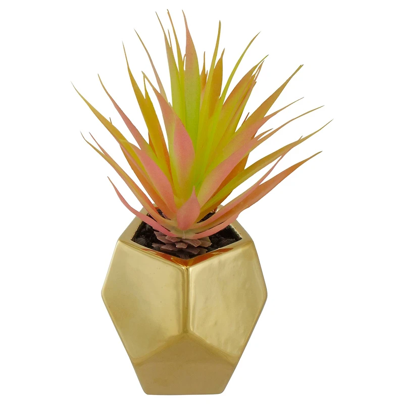 8" Green & Pink Sword Grass in Gold Geometric Pot