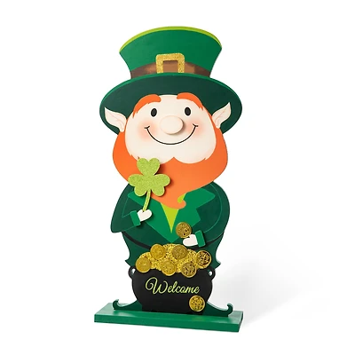 Glitzhome® 23.5" St. Patrick's Wooden Leprechaun Pot of Gold Porch Décor
