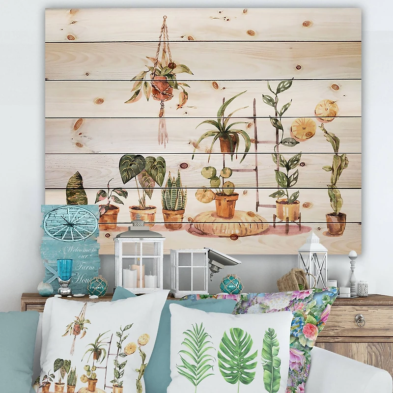 Designart - Indoor House Plants Urban Jungle II - Traditional Print on Natural Pine Wood