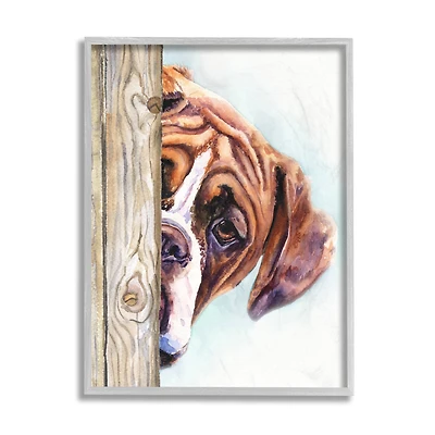 Stupell Industries Boxer Dog Hide and Seek Puppy Portrait in Gray Frame Wall Art