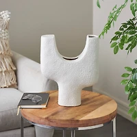 14" Speckled White Abstract Curved Ceramic Vase with Dual Openings