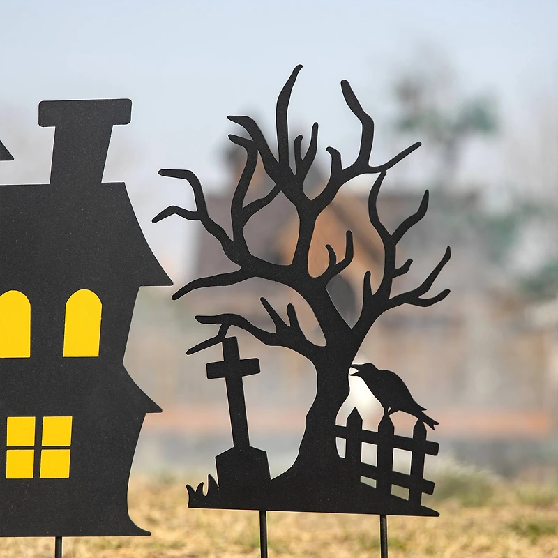Glitzhome® 2ft. Halloween Metal Silhouette Haunted House and Ghost Tree Yard Stake Set