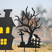 Glitzhome® 2ft. Halloween Metal Silhouette Haunted House and Ghost Tree Yard Stake Set