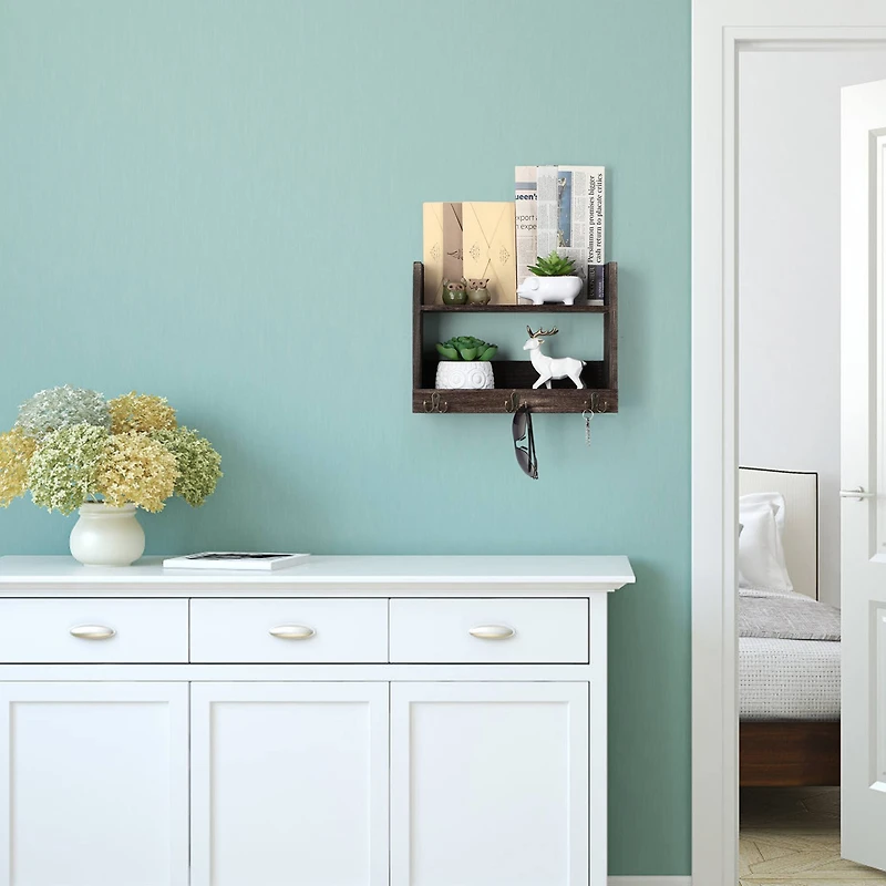 Rustic Wood Floating Storage Shelf with 3 Hooks