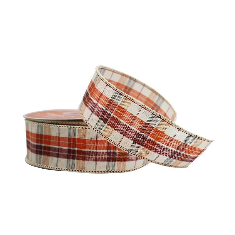 1.5" x 10yd. Orange & White Plaid Faux Linen Wired Ribbon by Celebrate It® 