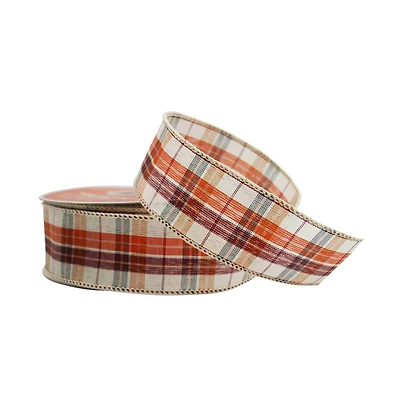 1.5" x 10yd. Orange & White Plaid Faux Linen Wired Ribbon by Celebrate It® 