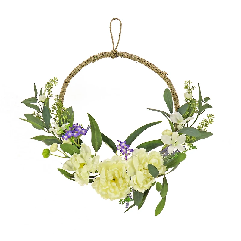 18" Spring Peony & Mini Blossoms Hoop Wreath