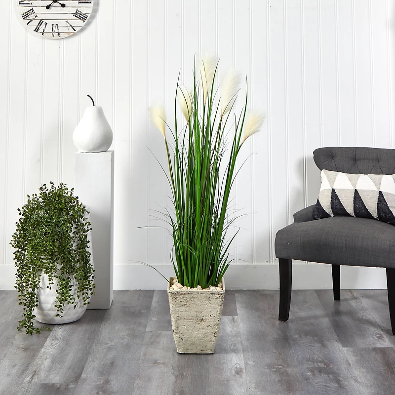 4.5ft. Wheat Plume Grass Plant in Country White Planter