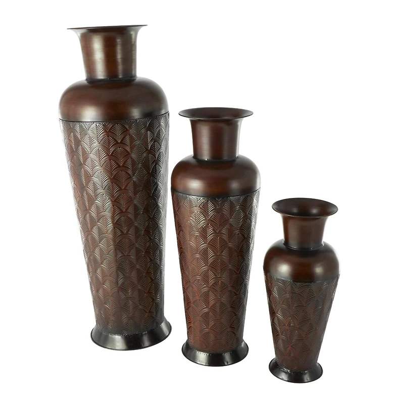 Dark Brown Metal Tall Vase Set with Geometric Designs