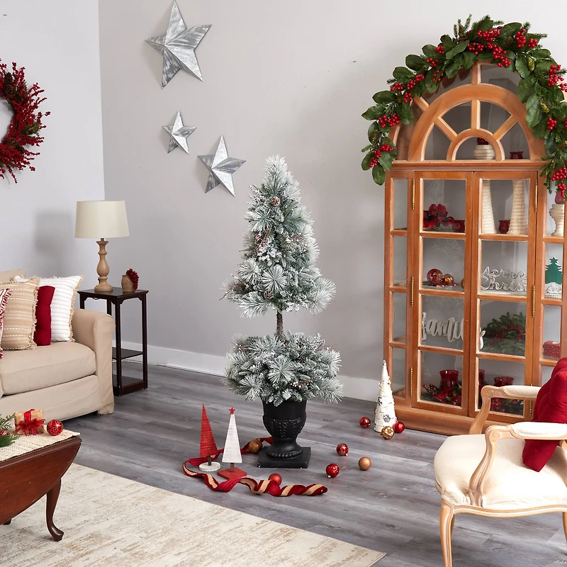 5ft. Pre-Lit Flocked Artificial Christmas Tree in Decorative Urn, White LED Lights