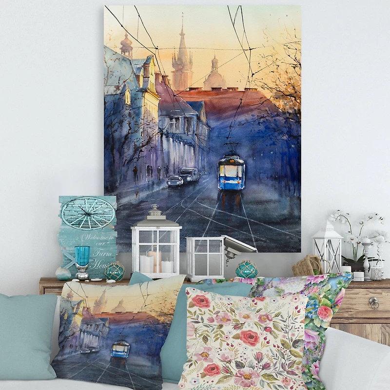 Designart - Blue Tram At Sunset With Church During Sunset