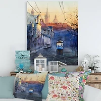 Designart - Blue Tram At Sunset With Church During Sunset
