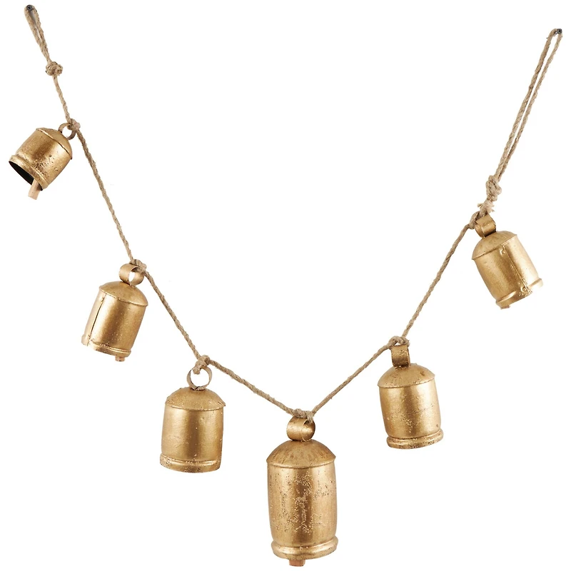 Gold Metal Tibetan Inspired String Hanging Decorative Cow Bells with Jute Hanging Rope