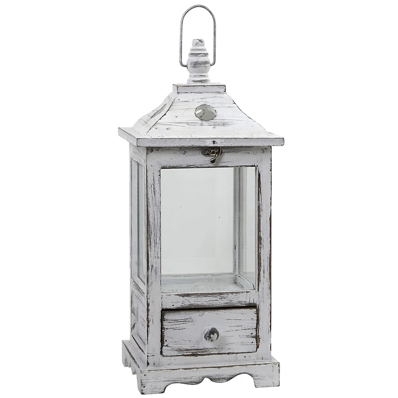 17" Distressed Wooden Lantern with Drawer