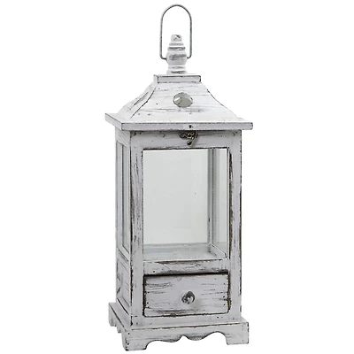 17" Distressed Wooden Lantern with Drawer