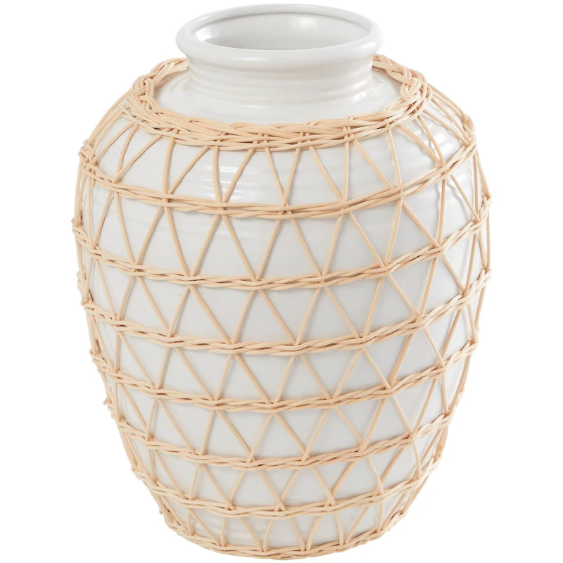 14" White Ceramic Handmade Vase with Woven Rattan Exterior