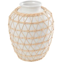 14" White Ceramic Handmade Vase with Woven Rattan Exterior