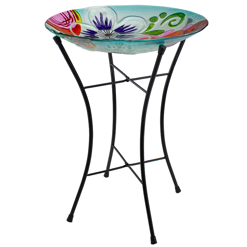 21'' White and Blue Hand Painted Floral Glass Birdbath