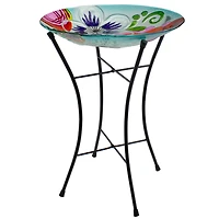 21'' White and Blue Hand Painted Floral Glass Birdbath