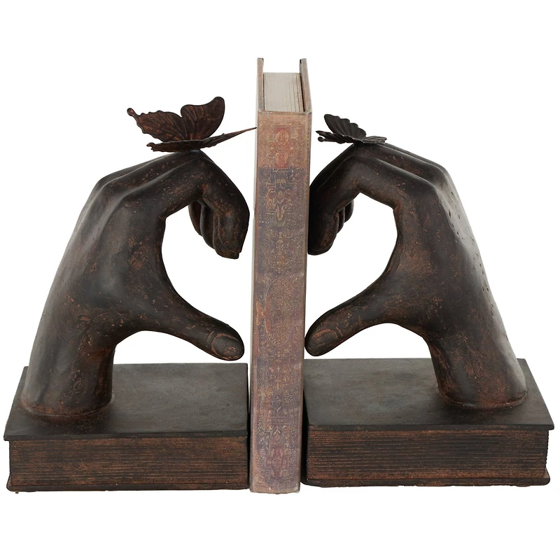 7.5" Dark Brown Hands Heart Inspired Decorative Bookend Set with Butterfly & Copper Accents