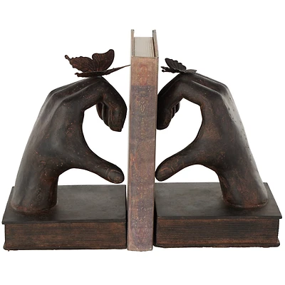 7.5" Dark Brown Hands Heart Inspired Decorative Bookend Set with Butterfly & Copper Accents