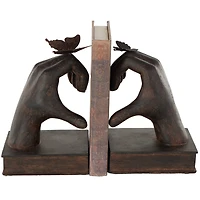 7.5" Dark Brown Hands Heart Inspired Decorative Bookend Set with Butterfly & Copper Accents