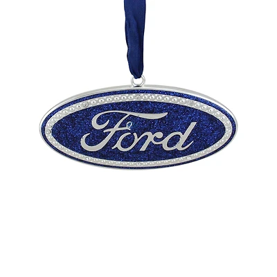 4" Metallic Glitter Blue "Ford" Logo Silver Plated Christmas Tree Ornament