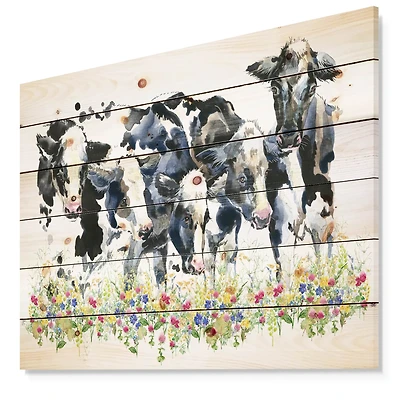 Designart - Dairy cow on field - Farmhouse Animal Painting Print on Natural Pine Wood