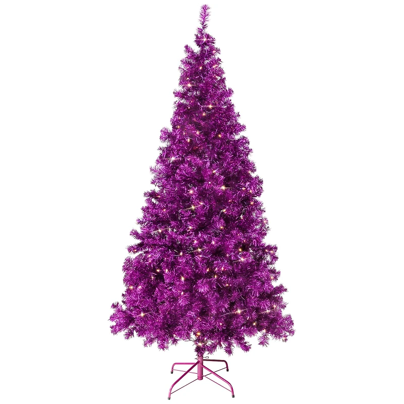 7ft. Pre-Lit Purple Artificial Tinsel Christmas Tree, Clear Lights