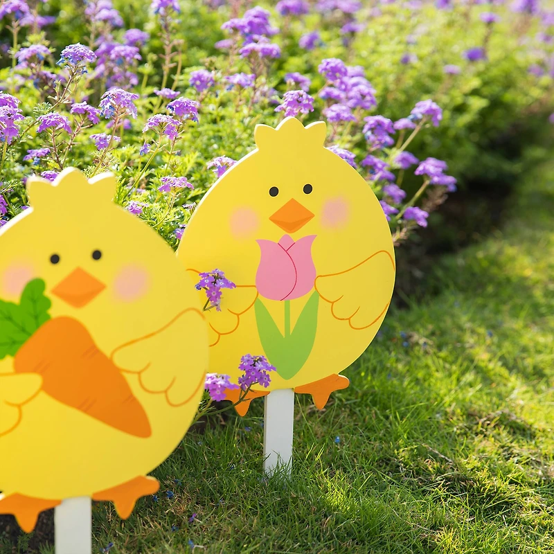 Glitzhome® 15" Set of 3 Easter Wooden Chick Pick or Yard Stake