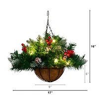 16" Artificial Pine & Berry Warm White LED Pre-Lit Hanging Basket