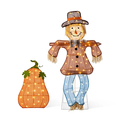 Glitzhome® Lighted Fall Scarecrow & Pumpkin Outdoor Decor with Warm White LED Lights Set