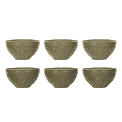 Hello Honey® 5" Matte Green Reactive Glaze Debossed Tree & Snowflake Stoneware Bowls, 6ct.