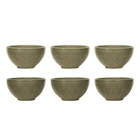 Hello Honey® 5" Matte Green Reactive Glaze Debossed Tree & Snowflake Stoneware Bowls, 6ct.
