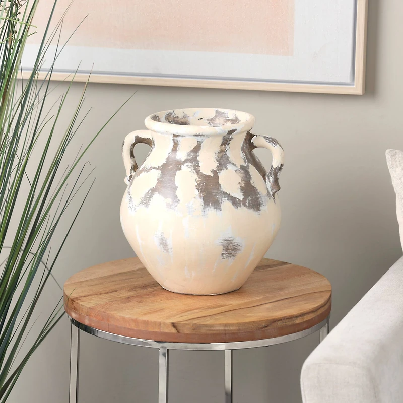 13" Cream Ceramic Vase with Curved Handles