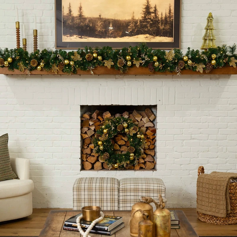 9ft. Pre-Lit Artificial Golden Frosted Christmas Garland with 50 Warm White LED Lights Pinecones, Berries and Ornaments