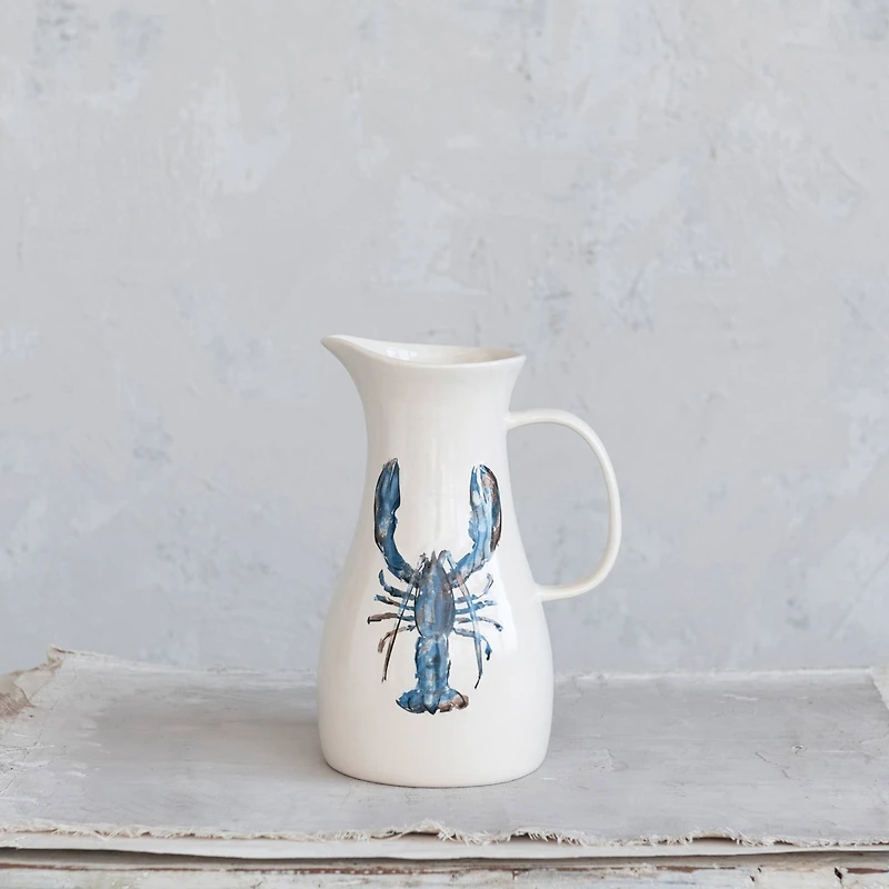 Hello Honey® 2qt. White & Blue Lobster Print Stoneware Pitcher