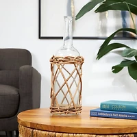 23" Clear Glass Handmade Tall Vase with Brown Rattan Woven Lower Body