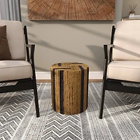 Brown Banana Leaf Handmade Linear Wrapped Accent Table with Navy Stripes
