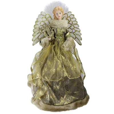 16" Gold & Brown Lighted Angel in Gown with Harp Tree Topper