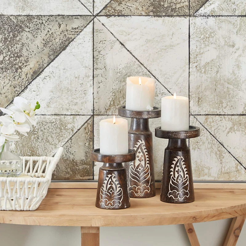 Mango Wood Round Carved Pillar Floral Candle Holder Set