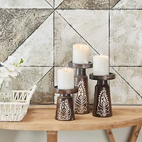 Mango Wood Round Carved Pillar Floral Candle Holder Set