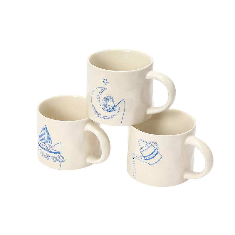 Hello Honey® 16oz. Cream and Blue Stoneware Mug Set with Wax Relief Illustration and Secret Image on Bottom