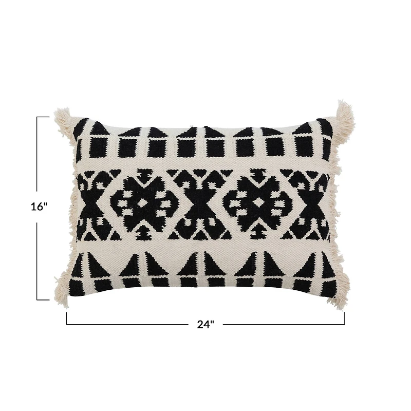 Hello Honey® Black and White Handwoven Cotton Kilim Lumbar Pillow Cover with Pattern and Fringe