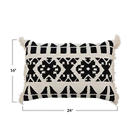 Hello Honey® Black and White Handwoven Cotton Kilim Lumbar Pillow Cover with Pattern and Fringe