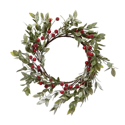 Hello Honey® 12" Faux Leaves & Red Berry Wreath with Frost Finish